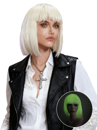 Glow - In - The - Dark Bob Wig: A Must - Have For Halloween Enthusiasts Looking To Elevate Their Costumes. The Crisp White Color And Neat Bangs Create A Clean Look, While The Glow - In - The - Dark Feature Adds An Unexpected Twist, Making It Suitable For Haunted House Visits, Costume Parties, Or Any Occasion Where You Want To Showcase A Bold And Eerie Style