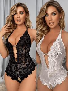Kit 2 peças Bori  Body em renda Luxo com aberturas sensuais e pingente coração luxo - BRANCO + PRETO - Visão 1