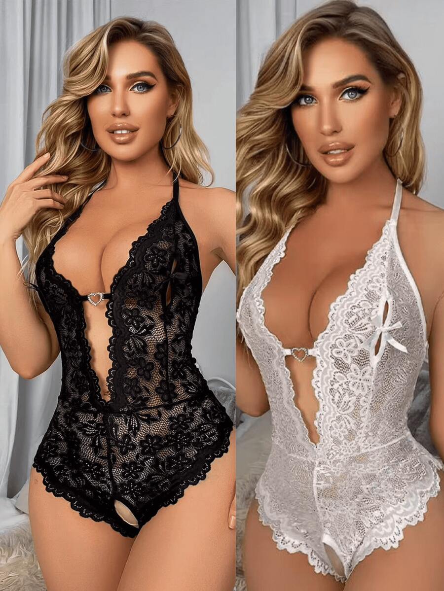 Kit 2 peças Bori  Body em renda Luxo com aberturas sensuais e pingente coração luxo - BRANCO + PRETO - Visão 1
