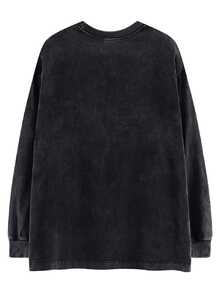 Oversized Vintage Black Cat Print Cotton Washed Long Sleeve T-Shirt, Loose & Slimming Design - Black - View 4