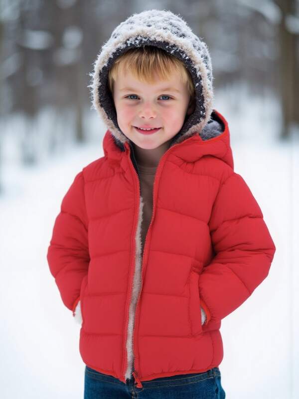 Chaqueta acolchada con capucha con decoración de orejas de oso de felpa para niños, forro cálido con cremallera, decoración de bolsillo, ajuste delgado, talla para niños pequeños, pedir una talla talla grande grande