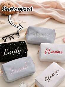 Customized Name Makeup Bag, Personalized Storage Bag, Jewelry Bag, Jewelry Bag, Personalized Embroidered Star Pattern Star Bag, Embroidered Makeup Bag, Essential Travel Bag, Customized Name Cosmetic Bag, Fluffy Embroidered Zipper Travel Bag, Cute Wallet, Toiletry Bag, Customized Makeup Bag