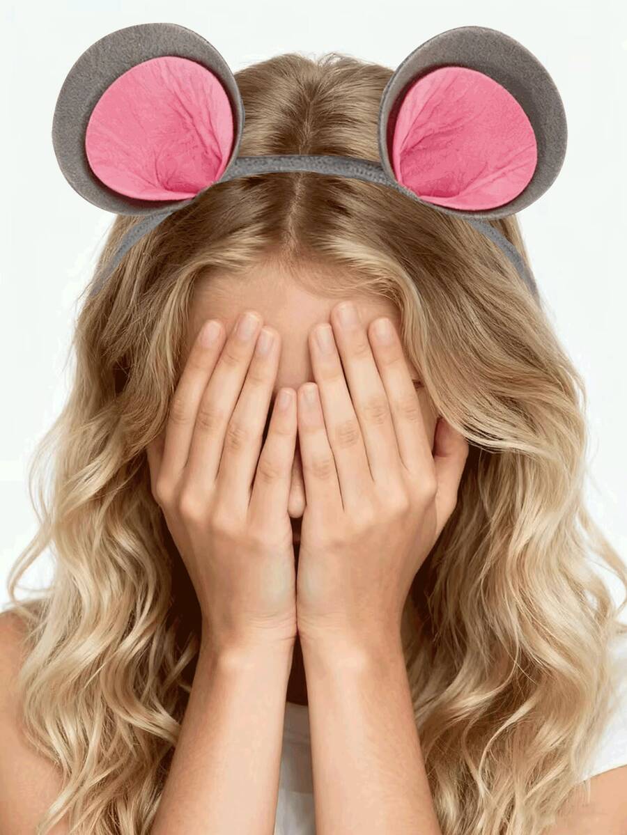 1pc Cute Cartoon Mouse Ear Headband For Women, Soft Headband Suitable For Party And Washing Face, Animal Ear Hair Band, Cosplay Accessory, Great For Halloween, Christmas, New Year Party, "Party C-Position Accessory" Style Photo Prop, Comfortable, Lightweight, Fluffy Pink And Black & White Mouse Ear Hair Clip, Suitable For Birthday Party, Performance And Festivals