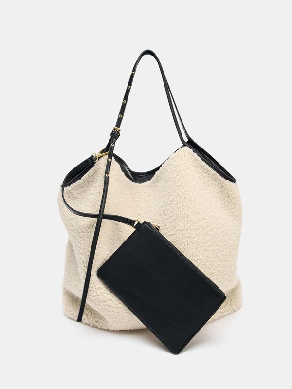 Women's Faux Shearling One Shoulder Bag, Reversible Large Capacity Shopping Tote, Detachable Black Clutch Wallet, Hanging Mini Bag