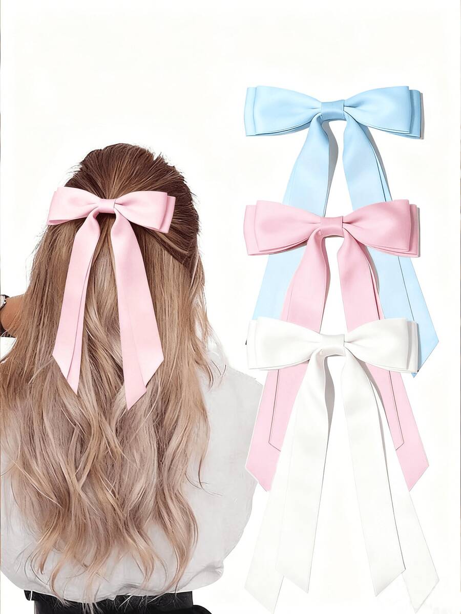 3个缎面蝴蝶结发夹，纯色蝴蝶结发卡，蓝色蝴蝶结，粉色蝴蝶结，白色蝴蝶结，可爱蝴蝶结发圈，金属发夹，女士及女孩发饰，头部饰品，发卡 - 彩色 - 查看 1
