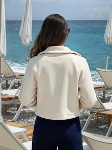 Beige Cropped Double Breasted Lapel Jacket For Women, Slim Fit Casual Everyday Outerwear Coat - Apricot - View 3