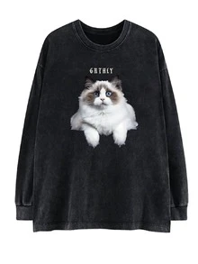 Oversized Vintage Black Cat Print Cotton Washed Long Sleeve T-Shirt, Loose & Slimming Design - Black - View 3