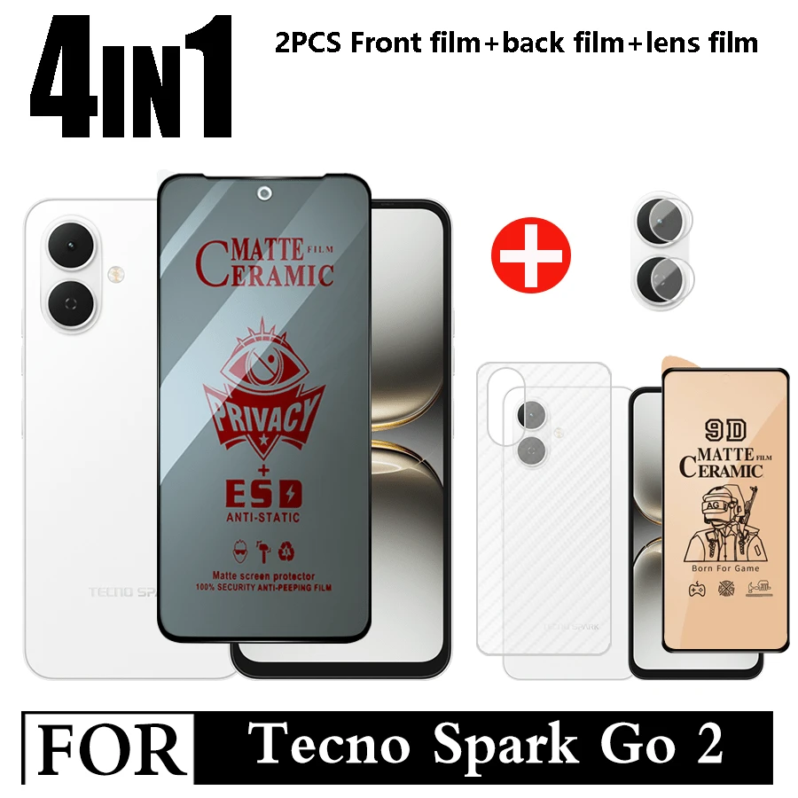 4 in 1 für Spark Go 2 - Vollkeramik-Weichmembran-Datenschutz-Keramikfilm-Bildschirmschutz, gehärtetes Glas und Kameraobjektiv-Film und Faser-Rückfilm