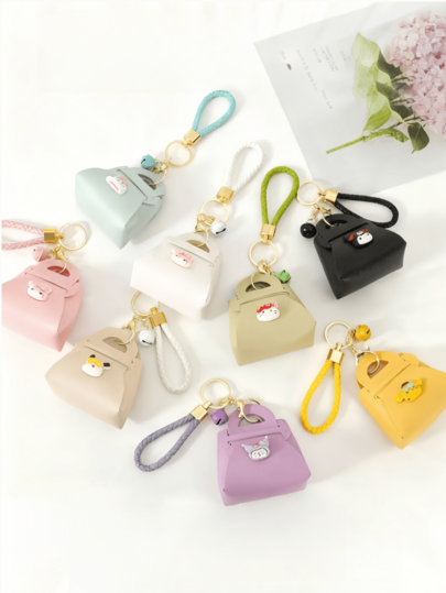1PC Hello Kitty Portable Small Wallet, Mini Solid-Color Leather Small Wallet, Flower Mirror Earphone Bag, Cosmetics Storage Bag With Keychain, The Best Gift For Friends