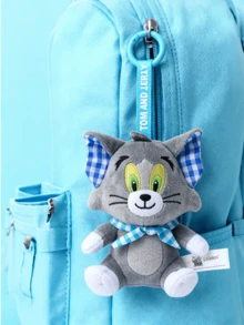 Tom And Jerry Plaid Series Tom Cat Plush Keychain - Gray Plush With Blue & White Plaid Scarf And Ear, Yellow Eyes, Blue Top Ring Printed With "TOM AND JERRY", Size 10cm*9cm, Compact And Exquisite, Made Of Soft And Durable Plush Material, Ideal For Tom And Jerry Fans, Plush Keychain Collectors, And Anyone Looking For Cute Daily Accessories. - Tom and Jerry Checkered Series-plush Pendant-tom Cat - View 2