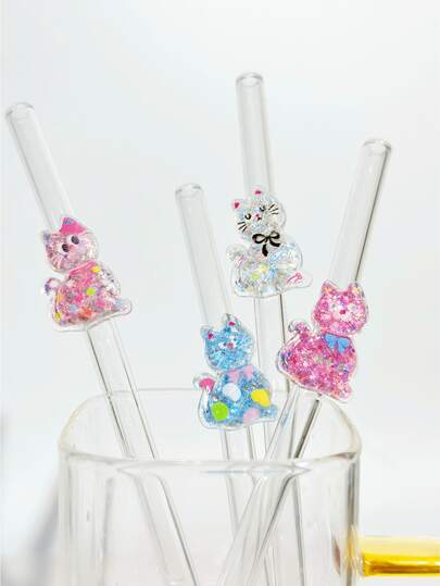 Cute Cat Glass Straw, Transparent Smoothie Milk Tea Juice Milk Cocktail Cold Drink Party Cute Cat Series Bent Glass Straw Reusable