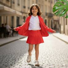 Stylish Children's Dress Set Including Pleated Skirt And Tailored Blazer, Perfect For A Schoolgirl. - 紅色 - 查看 3