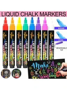 12色可水洗湿擦液体粉笔，适用于黑板、黑板笔、白板、LED玻璃窗、汽车玻璃喷绘、荧光粉笔笔 - 彩色粉筆 - 查看 14