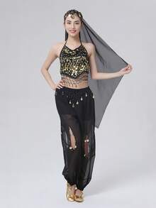 Women's Style Sparkling Belly Dance Three Pieces Set: Sequined Top + Lantern Pants + Headscarf Set For Halloween Carnival Party Stage Performance Costume