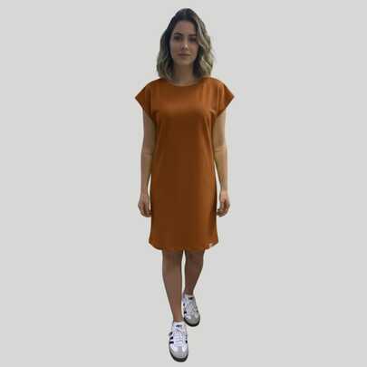 Vestido Feminino Midi Manga Curta Cor Sólida Moletinho