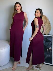 Women's Long, Sleeveless, Casual Blogger Dress With Pockets And Side Slit, Elegant Cotton - 紅木色 - 查看 1