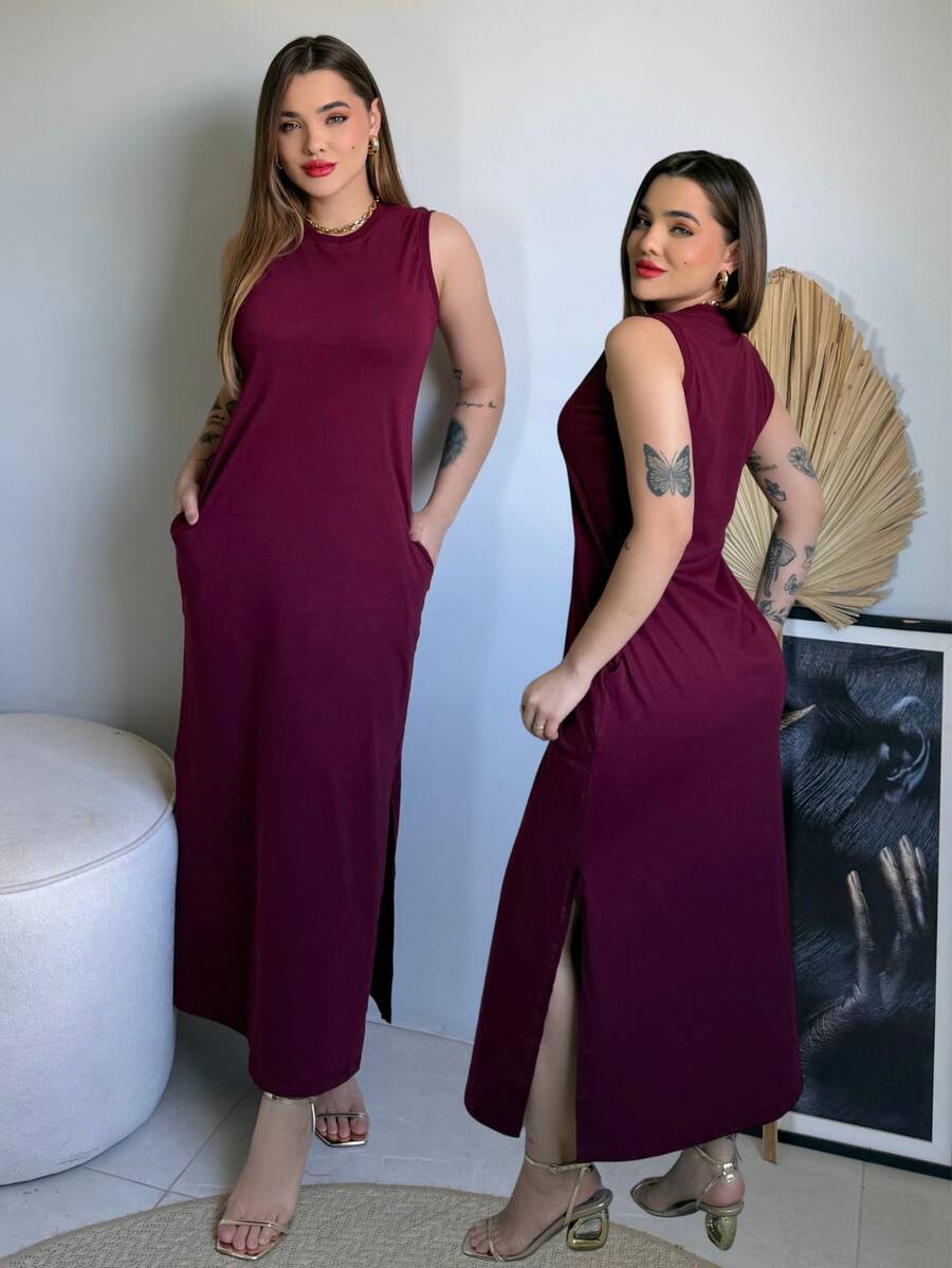 Women's Long, Sleeveless, Casual Blogger Dress With Pockets And Side Slit, Elegant Cotton - 紅木色 - 查看 1