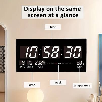 ساعة حائط رقمية كبيرة بقابس كهربائي، مع عرض درجة الحرارة والوقت والتاريخ، ساعة إلكترونية، وظيفة الذاكرة عند انقطاع التيار، ديكور غرفة المعيشة والنوم والمكتب، ساعة منبه