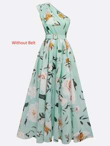 Đầm chữ A nữ in hoa màu xanh lá cây, xếp ly, không tay, thanh lịch, không kèm thắt lưng, thích hợp cho kỳ nghỉ hè. - màu xanh lá - Xem 2