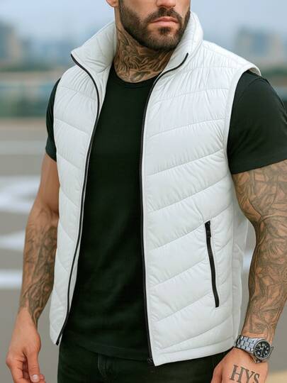 Chaleco Acolchado Negro para Hombre con Bolsillos, Cierre Frontal, Estilo Urbano Casual-Formal, Cardigan de ajuste