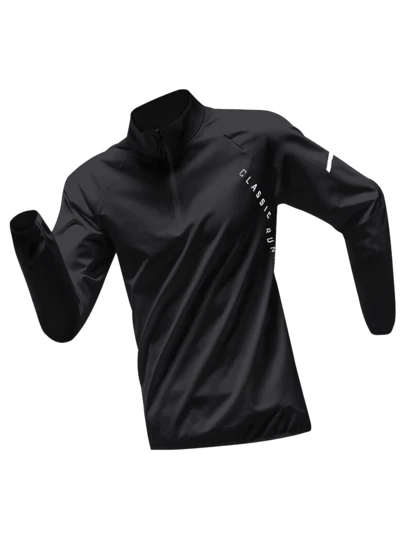 Camiseta deportiva de manga larga con media cremallera para hombre, camiseta de running de secado rápido, chaqueta de entrenamiento, con material transpirable y elástico, que absorbe la humedad, con estampado de letras, de ajuste regular, adecuada para correr, fitness al aire libre, ciclismo y senderismo