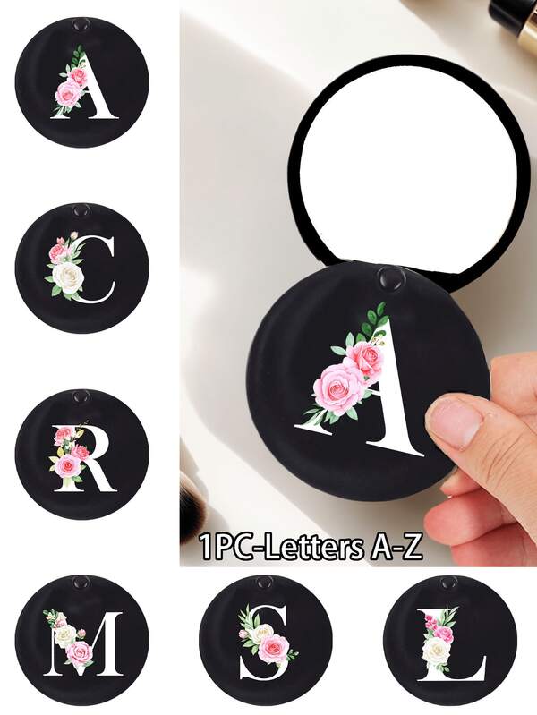 Specchio rotondo nero alla moda con iniziali floreali - Accessori da viaggio di design e iniziali da A a Z, specchio compatto mini, specchio per trucco portatile, specchio mini scorrevole comodo, in materiale plastico, resistente all'usura e durevole, leggero, specchio da tasca, mini specchio per trucco, nuovo design, adatto per uomini e donne