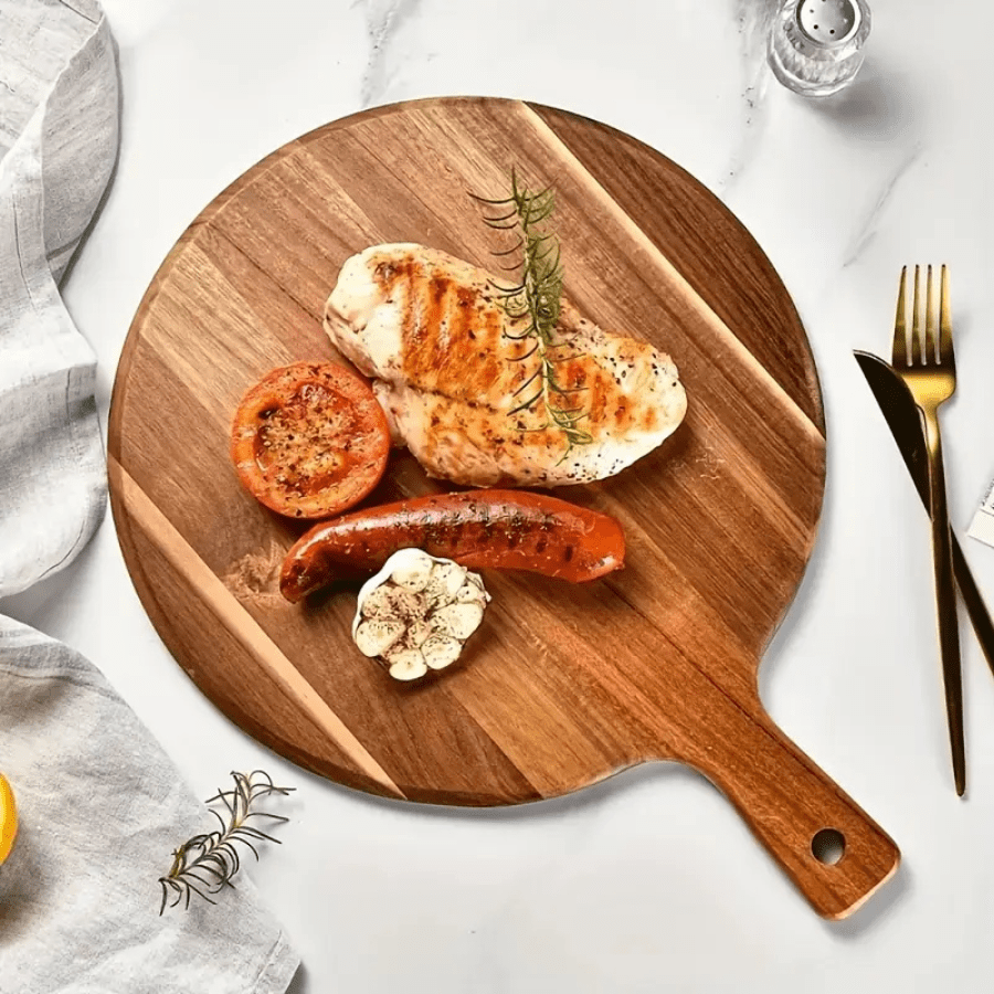 Acacia Wood Cutting Board With Handle Round Acacia Wood Cutting Board Flower-Shaped Acacia Wood Tray American-Style Wooden Steak Plate/Dinner Plate/Pizza Board Wooden Tray For Meat, Cheese, Bread, Vegetables And Fruits Home & Dorm Chopping Board Kitchen & Dorm Supplies