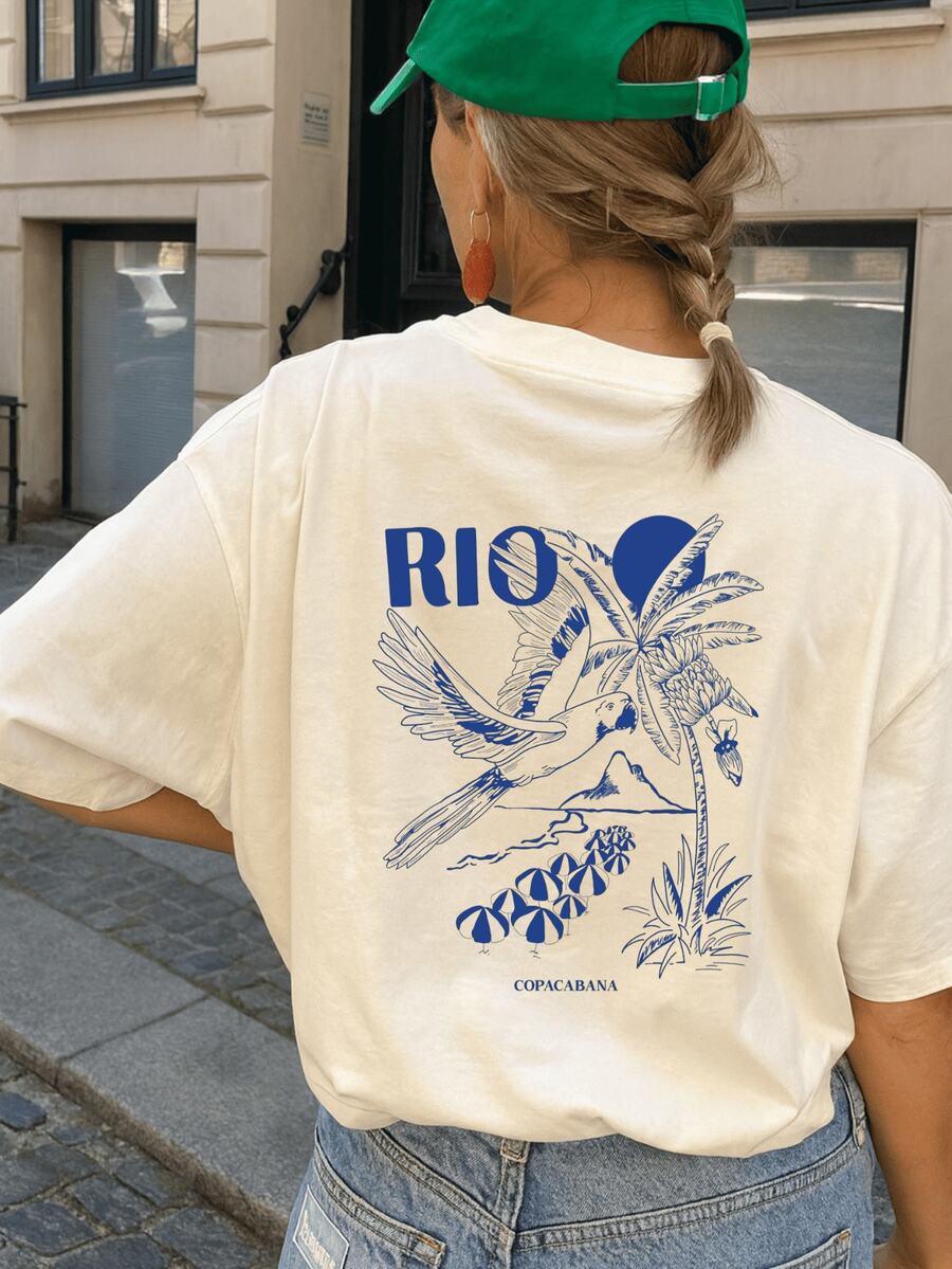 Camiseta Brasileira Floral Oversized Tshirt Gola Redonda Verão Tropical Moda Praia - Rio Copacabana - creme - Visão 1