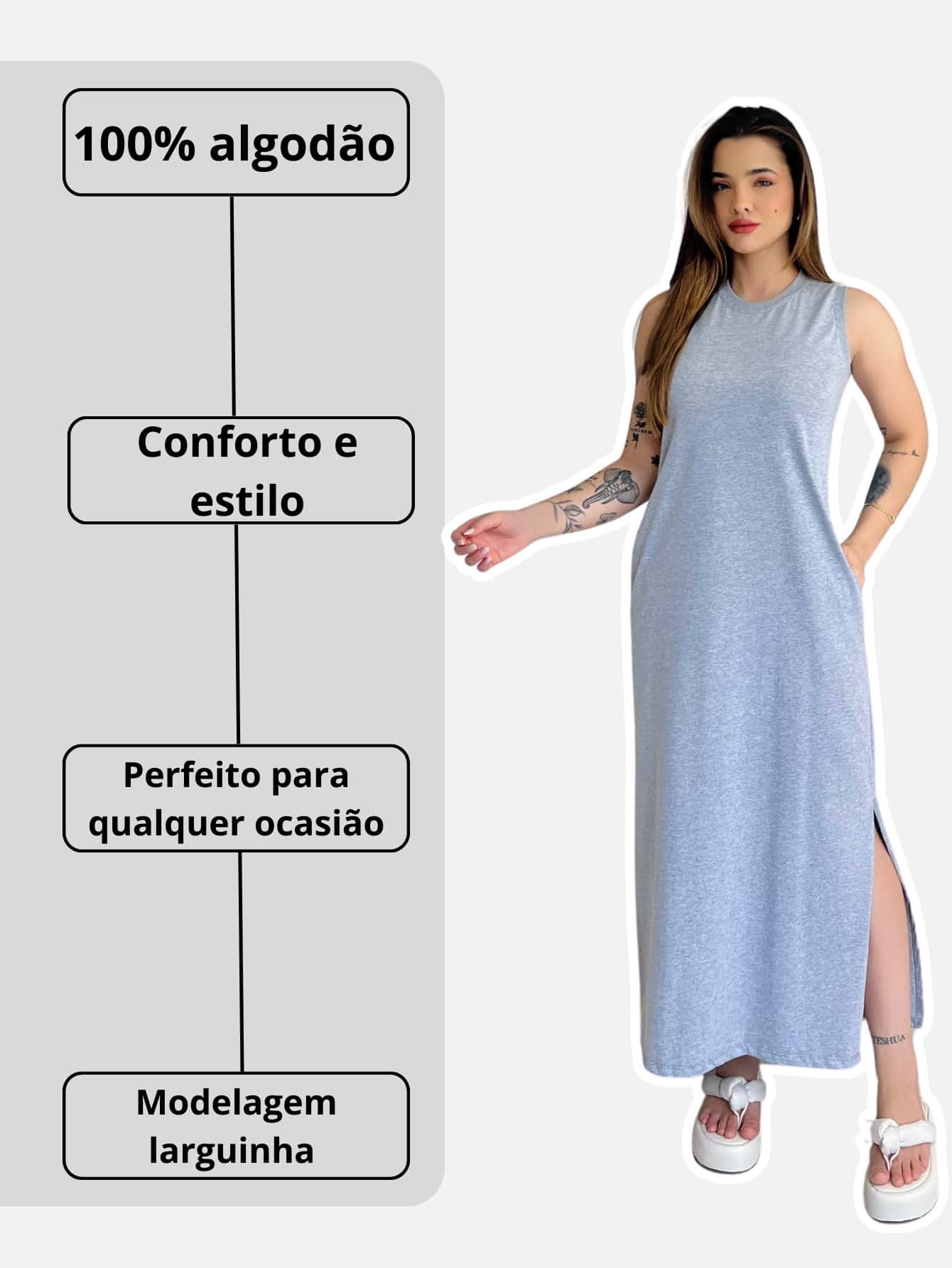 Vestido Longo Básico Casual Elegante Fenda Lateral Bolso Algodão Premium - Marrom Escuro - Visão 8