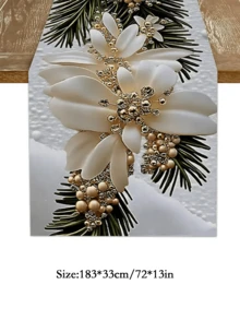 1 pieza Camino de mesa de Flor de Pascua roja - Decoración navideña de poliéster premium con hojas verdes y perlas blancas, elegante mantel largo para mesas festivas y de fiesta, cocina, exterior - Regalo para el hogar en vacaciones, decoración navideña - Multicolor - Ver 8