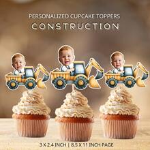 Construction Theme Personalized Face Cupcake Toppers: Construction Theme Birthday Party Decorations, Construction Photo Cupcake Toppers, Face Cupcake Toppers, Personalized Construction Truck Cupcake Toppers, Excavator Theme Birthday Party Decorations - Excavator Cake Plate - View 4