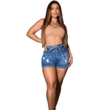 Women's High-Waisted Shorts With Sexy Tie Details, Casual Denim With Drawstring, Perfect For Nighttime, Daytime, Summer, And Spring. - Light Wash - View 4