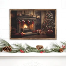 1 Piece Warm Fireplace Christmas Living Room Wall Art Canvas Print, Christmas Tree, Christmas Decor Home,Stockings, Gifts, Ready To Hang, Vintage Nostalgia, For Living Room, Room, Home Wall Decor Or Outdoor Art Winter Decor Sign, Canvas Material Framed