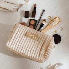 Custom Makeup Bag, Personalised Bridesmaid Wedding Gift, Travel Toiletry Bag - Beige - View 6