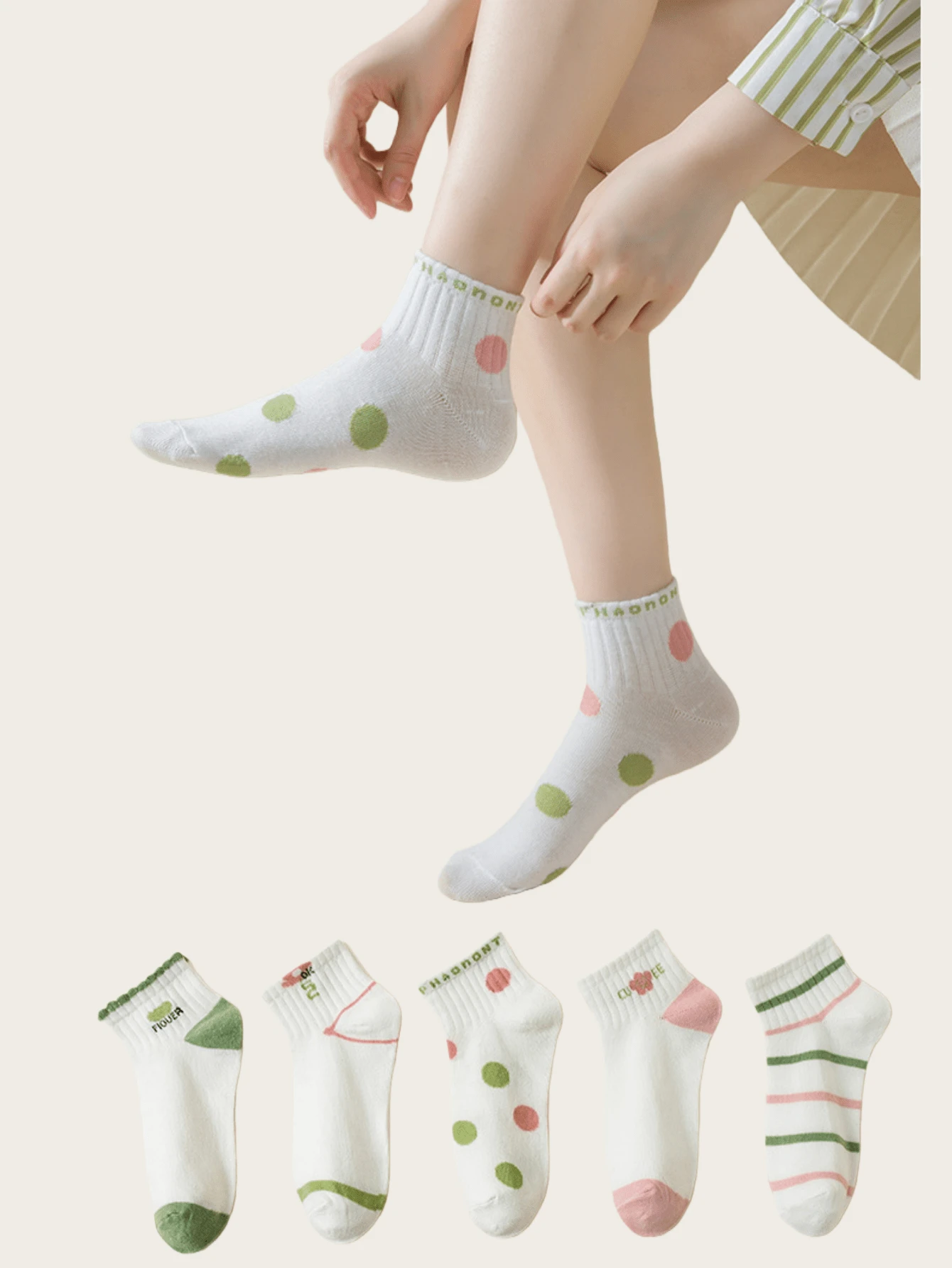 1 par/5 pares de calcetines cortos cómodos y de moda casual para mujer con encaje, lunares y diseños de dibujos animados