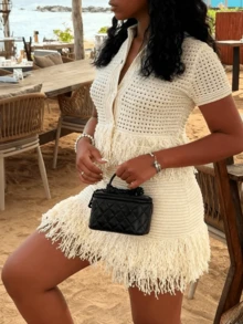 Women's Elegant Fringe Hollow Out Knitwear Co Ord Skirt Set With Short Sleeve Collar Top And Mini Skirt - 杏色 - 查看 5