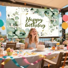 1pc Green Plant Birthday Background, Succulents And Eucalyptus Leaves Birthday Party Photography Background, Polyester Material, Blooming Eucalyptus Leaves Photo Background, Happy Birthday Party Decoration Supplies For Christmas Decorations, Indoor And Outdoor Wall Decoration, Multiple Sizes, Party Supplies