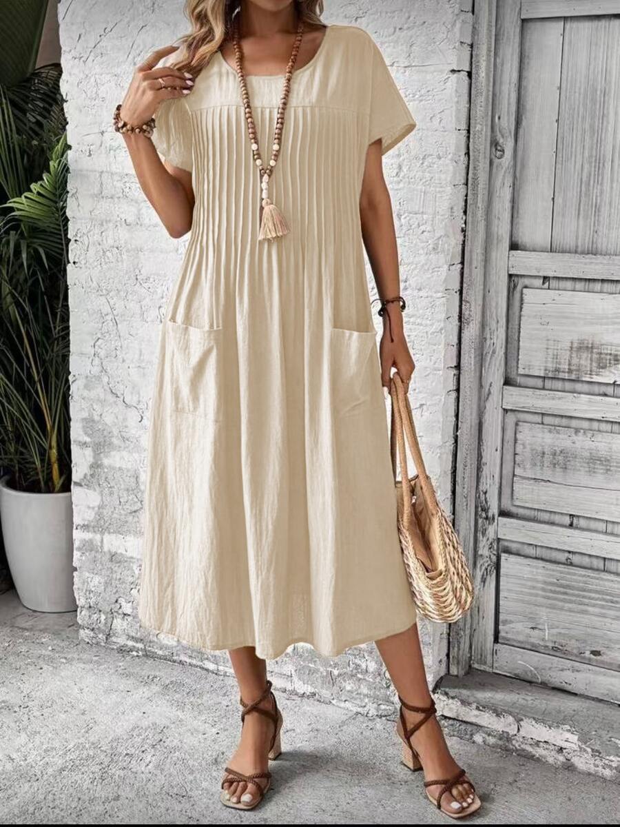 Women's Casual Loose Short-Sleeved Dress With Round Neck, Pleats, Two Pockets, Solid Color, Plus Size Blouse, Summer, Spring, Simple, Casual, Pocket, Vacation - 米色 - 查看 1