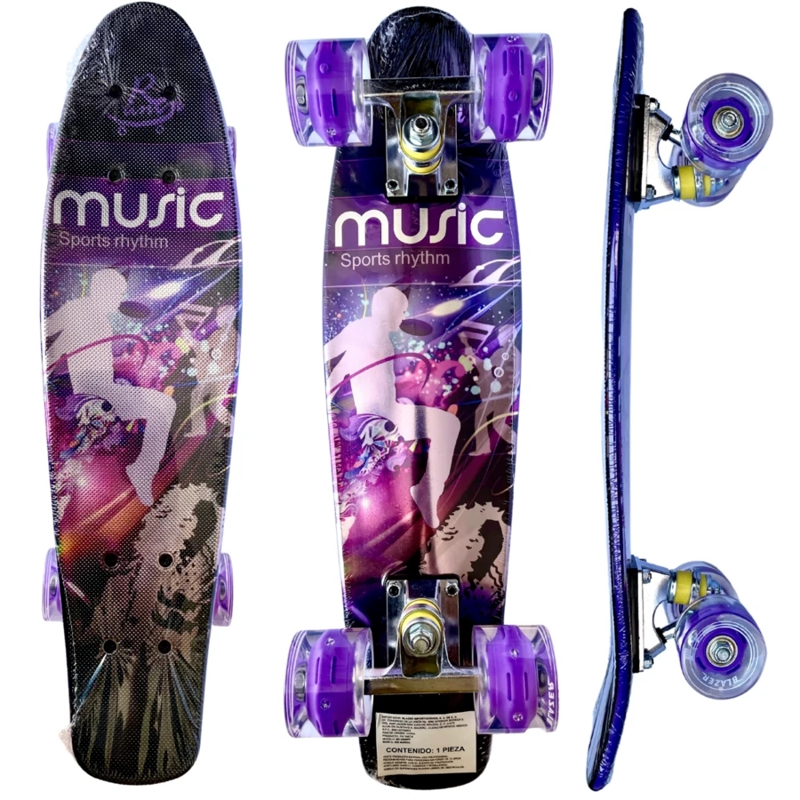 Patineta Penny 22 Pulgadas con Luz Le en las Llantas, varios Diseños, ideal para paseo cortos, Perfecto practicar deporte - Morado - Ver 1