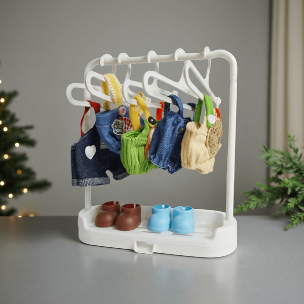 Doll Clothes Rack,1pc Plastic Drying Rack 10Pcs Clothes Hangers For Labubu And Dolls.Small Cute Display Stands For Youngsters Clothes Organization, Durable Desktop Storage Rack For Collectors & Fashion Doll Accessories, Collector's Organizer, Compact Organizer, Smooth Finish,Festival Gifts.Christmas Gift Ideas.