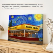 1 pièce Affiche murale vintage, Impression sur canevas du ciel étoilé coloré et de la Waffle House - Art mural vibrant de style Vincent Van Gogh, Art amusant, avec ou sans cadre, décoration de chambre, décoration de maison, décoration de dortoir universitaire, cadeaux pour la décoration murale dans l'hôtel, la maison, le salon, la chambre, la salle de bain et le bureau