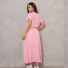 Elegant Women's Midi Set | Skirt With Pockets + Loose-Fitting Viscose Blouse, Simple, Elegant, Casual, Wedding - 淺粉色 - 查看 2