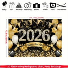 1件 2D 平面，黑色金色 2026 新年快乐背景横幅，涤纶面料，钻石“2026”字母，烟花，香槟，气球，非常适合 2026 新年派对、倒计时庆祝活动，也可作为家居/房间/墙壁装饰、摄影道具和室内/室外节日装饰。 - 彩色 - 查看 8