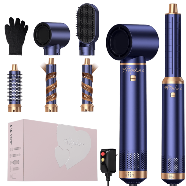 ATOPSKINS 5-In-1 Multi-Functional Heat Styling Brush & Curling Iron | 3 Temp Settings & 5 Interchangeable Heads For Curls, Waves, Smoothing | Detachable Set, Auto Curling | Multi-Functional Professional Hair Styling Tool, Perfect Christmas Gift & Travel Essential (Elegant Blue Gold/White Gold/Black Gold Design)
