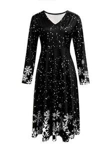 Vestido elegante y versátil de corte slim con estilo casual y vacacional para mujeres, adecuado para salidas, hogar, viajes, trabajo. Vestido casual con estampado de copos de nieve, elegante y apropiado para otoño/invierno