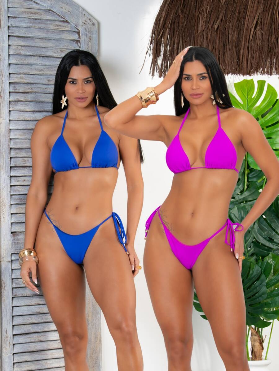 Kit 2 Conjuntos de Bíquini Cortininha de Amarração Com Bojo Conforto E Qualidade Praia Verão Natal - Azul Royal e Fúcsia - Visão 1