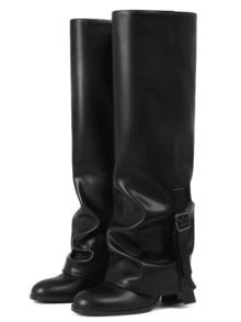 Women's Knee High Boots Fold Over Mid Calf Boots Wide Calf Pointed Toe Chunky Heel Boots Autumn Winter Dress Shoes - Pu đen - Xem 2