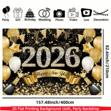 1件 2D 平面，黑色金色 2026 新年快乐背景横幅，涤纶面料，钻石“2026”字母，烟花，香槟，气球，非常适合 2026 新年派对、倒计时庆祝活动，也可作为家居/房间/墙壁装饰、摄影道具和室内/室外节日装饰。 - 彩色 - 查看 10