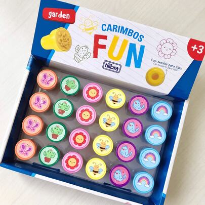 Caixa com 24 Carimbo Infantil Colorido Pedagógico Fun Garden para Professores e Pais