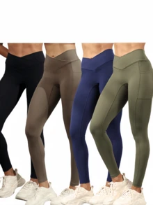 4 Pieces Of Women's High Waisted Pocket Yoga Pants, Women's Sports Leggings, Soft And High Elasticity Pocket Leggings, Suitable For Autumn And Winter Sports Leggings - Nhiều màu - Xem 6